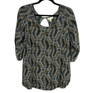 Silence + Noise Boho Chic Silk Floral Short Sleeve Round Neck Blouse Medium